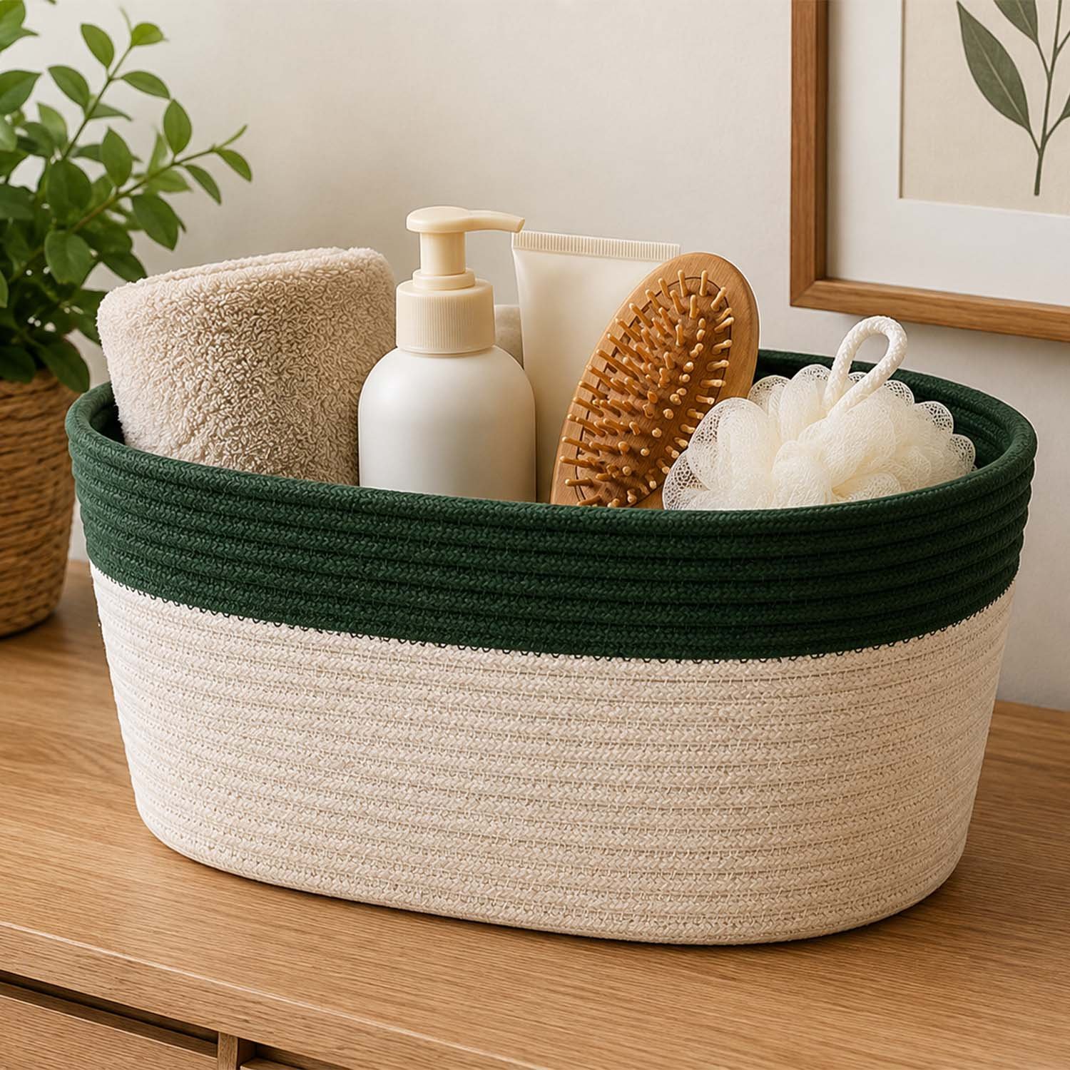 Premium Handmade Cotton Rope Storage Basket for Home & Nursery (Green Rim) - Image 7