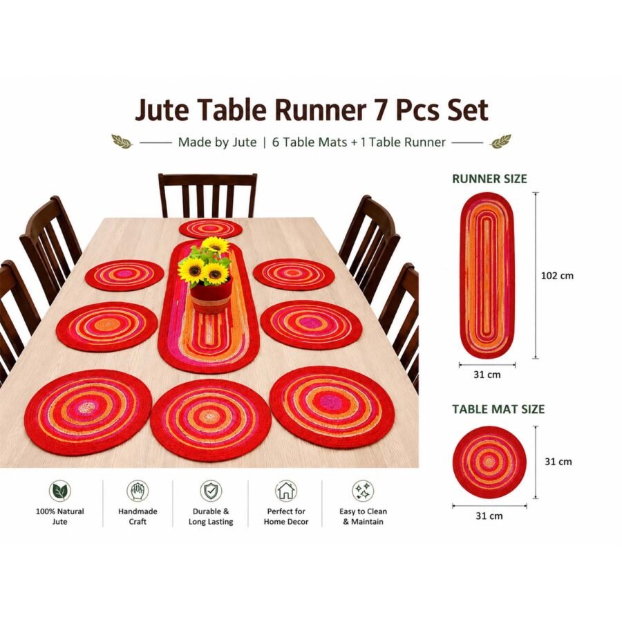Jute Table Runner Set – 7 Pcs Handmade Dining Table Mat Set