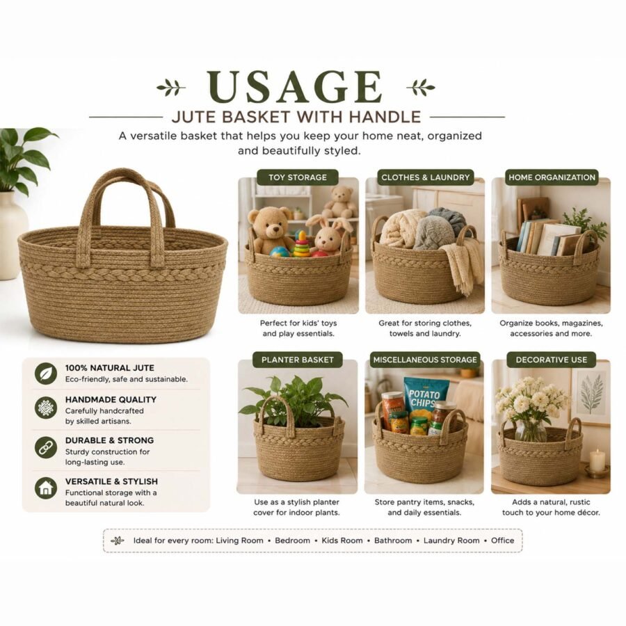 Handmade Jute Basket with Handles – Natural Home Storage & Organizer
