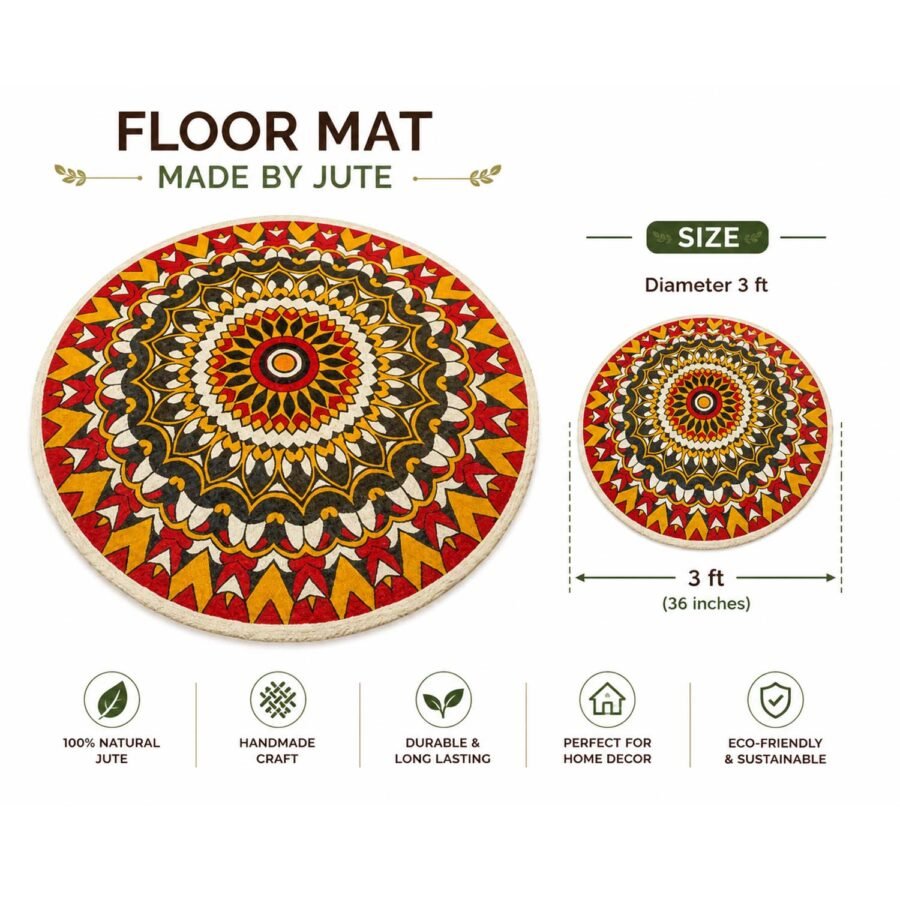 Handmade Jute Floor Mat – 3 Ft Round Decorative Natural Fiber Rug